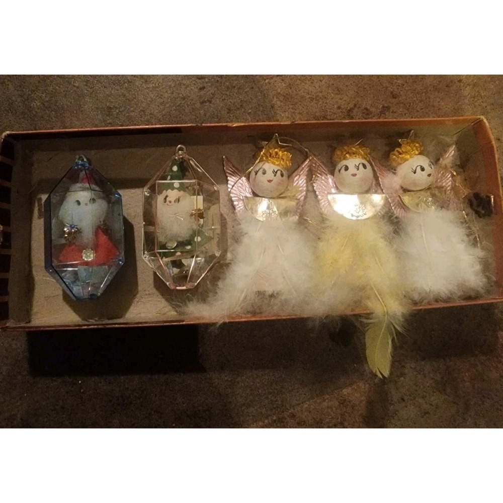 Vintage Lot Of 3 Spun Cotton Angels & 2 Jewel Brite Spun Cotton Ornaments Rare